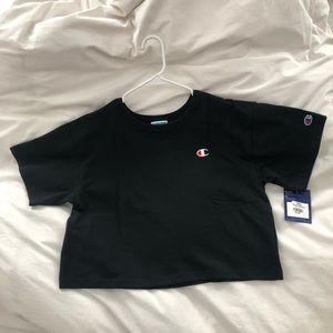 Champion Logo Embroidered Black Oversized Crop Top